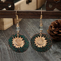 Bohemian Style Flat Round with Sunflower Alloy Glass Dangle Earrings&nbsp;FS-WG7EAB8-01