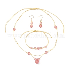 Round Cherry Quartz Glass Beaded Necklace & Bracelet & Dangle Earring Sets&nbsp;SJEW-JS01329