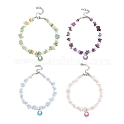 4Pcs 4 Styles Alloy Enamel Shell Shape Charm White Round Shell Pearl & Natural Rose Quartz & Flower Amazonite & Dyed Aquamarine & Amethyst Chip Beaded Anklets&nbsp;AJEW-AN00734
