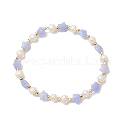 Synthetic Blue Lace Agate & Natural Cultured Freshwater Pearl & Brass Beads Stretch Bracelets for Women&nbsp;BJEW-JB12814-01