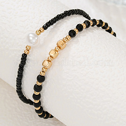 Bohemian Style Plastic Pearl & Brass Cube & Glass Seed Beaded 2-Strand Anklets&nbsp;FS-WG67DAF-01