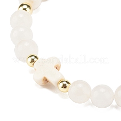 Synthetic Turquoise(Dyed) & Hematite & Natural White Jade Beaded Stretch Bracelet with Cross&nbsp;BJEW-JB08287-02