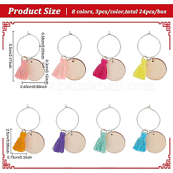 24Pcs 8 Colors Flat Round Wood & Tassel Dangle Wine Glass Charms&nbsp;AJEW-BC0003-13