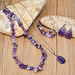 Bohemian Style Natural Amethyst Teardrop Pendant Necklaces & Chip Beaded Necklaces & Hoop Earrings & Dangle Earrings Sets&nbsp;WG11994-01