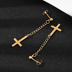 Christian Upside Down Cross 201 Stainless Steel Dangle Stud Earrings&nbsp;EJEW-P314-01B-G