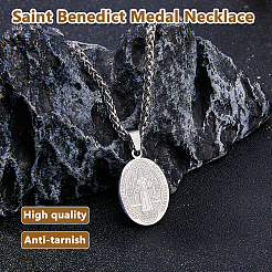 2Pcs Stainless Steel Saint Benedict Oval Medal Pendant Wheat Chain Necklaces&nbsp;NJEW-DC0001-20P