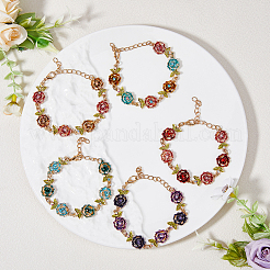 5Pcs 5 Colors Alloy Rose Link Chain Bracelets Set with Rhinestone&nbsp;BJEW-FI0001-63