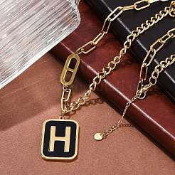Ion Plating(IP) 304 Stainless Steel Black Enamel H Rectangle Pendant Twisted Chain Necklaces for Women&nbsp;NJEW-M078-01G