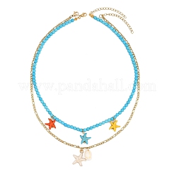 Alloy Enamel & Dyed Synthetic Turquoise Starfish & Natural Cowrie Shell Pendant 304 Stainless Steel Double Layer Necklaces&nbsp;NJEW-JN05466