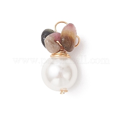 6Pcs 6 Styles Natural Tourmaline & Tiger Eye & Amethyst & Green Aventurine & Sunstone & Aquamarine Chip with Copper Wire Wrapped Shell Pearl Pendants&nbsp;PALLOY-JF04951