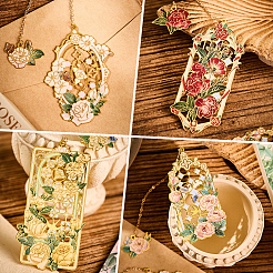 4Pcs 4 Styles Brass & Iron Enamel Rose Bookmarks with Chain&nbsp;AJEW-SP0002-25