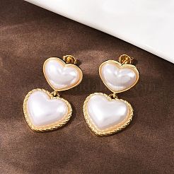 Brass ABS Plastic Pearl Heart Dangle Stud Earrings&nbsp;EJEW-L275-13G-01