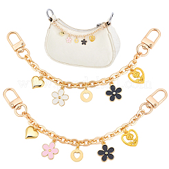 2Pcs 2 Colors Acrylic Heart & Alloy Enamel Pink and White Flower Pendant Alloy Cable Chain Bag Decorative Chains&nbsp;HJEW-BBC0001-35