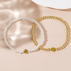 2Pcs Minimalist Imitation Pearl & Brass Cross Beaded Stretch Bracelet Sets&nbsp;QX2906-1