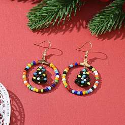 Glass Seed Beaded Ring with Lampwork Christmas Tree Dangle Earrings&nbsp;EJEW-TA00231