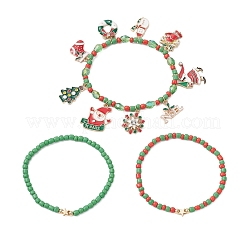 3Pcs Christmas Theme Glass Beaded Stretch Bracelets Sets&nbsp;BJEW-JB12442-01
