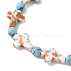Baking Paint Synthetic Turquoise Cross & Round Beads Stretch Bracelets for Men Women&nbsp;BJEW-JB12341-01