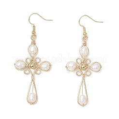 Natural Cultured Freshwater Pearl Cross Dangle Earrings&nbsp;EJEW-TA00723