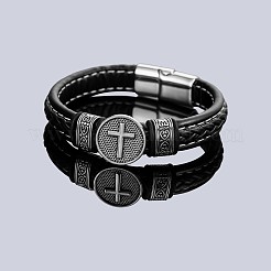 Vintage 201 Stainless Steel Cross Medal Braided PU Leather Cord Bracelets with Magnetic Clasps for Unisex&nbsp;WG3E37D-01