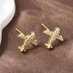 Brass Micro Pave Clear Cubic Zirconia Airplane Stud Earrings&nbsp;LS-EJEW-F400-16G