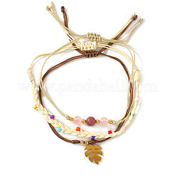 3OPcs 3 Styles Natural Rhodochrosite & Pink Jade & Glass Round Beads Bracelets & Brass Leaf Charm Bracelets Set&nbsp;DI3925-2