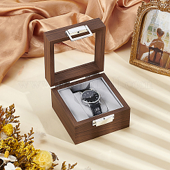 Wood Single Watch Storage Boxes with Visible Glass Window Lid & Embossing Liner and Zinc Alloy Lock&nbsp;CON-WH0112-052
