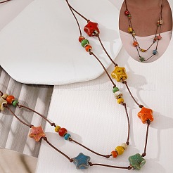 Bohemian Handmade Colorful Porcelain Beaded Waxed Cord Long Necklaces for Women&nbsp;FS-WGF474B-04