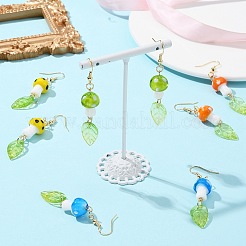 4 Pairs 4 Colors Mushroom Lampwork & Glass Leaf Dangle Earrings&nbsp;EJEW-TA00305