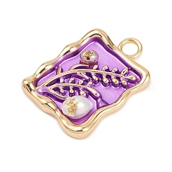 Brass Enamel & Natural Pearl Rectangle with Flower Pendants&nbsp;KK-K351-51G-03