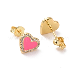 Deep Pink Enamel Heart Stud Earrings with Clear Cubic Zirconia&nbsp;EJEW-C030-04G