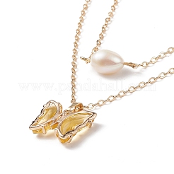 Glass Butterfly & Natural Pearl Pendants Double Layer Necklace with Clear Cubic Zirconia&nbsp;NJEW-TA00043-04