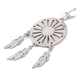 Non-Tarnish Woven Net/Web with Feather 201 Stainless Steel Boho Pendant Necklaces for Women&nbsp;NJEW-G087-05P