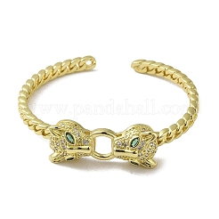 Brass Pave Clear & Green Cubic Zirconia Leopard Open Cuff Bangle for Women&nbsp;BJEW-K246-22A-G