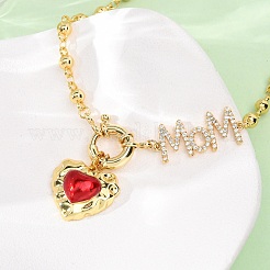 Mother's Day Brass Micro Pave Clear Cubic Zirconia Enamel Red Sacred Heart Mama Pendant Necklaces for Women&nbsp;NJEW-A071-12B-G