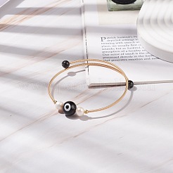 Natural Obsidian & Evil Eye Lampwork & Natural Pearl Beaded Bangle&nbsp;BJEW-JB08463-06