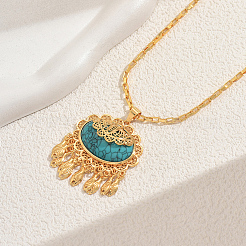 Bohemian Brass Pave Synthetic Turquoise Oval with Fish Tassel Pendant Necklaces for Women&nbsp;IG0736