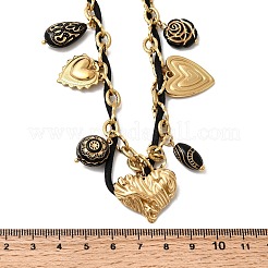 304 Stainless Steel Heart & Acrylic Black Flower Pendant Bib Necklaces for Women&nbsp;NJEW-A063-05G