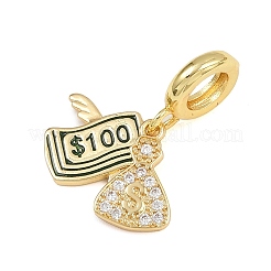 Brass Micro Pave Clear Cubic Zirconia 100 Dollars European Dangle Charms&nbsp;KK-I352-17G
