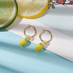 Resin Lemon with ABS Plastic Pearl Flower Dangle Hoop Earrings&nbsp;EJEW-TA00187