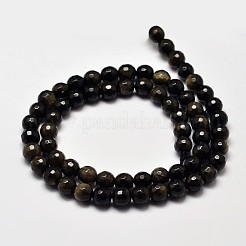 Faceted Round Natural Golden Sheen Obsidian Beads Strands&nbsp;G-I176-39-6mm