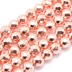 Electroplate Non-magnetic Synthetic Hematite Beads Strands, Grade AAA, Long-Lasting Plated, Faceted, Round, Rose Gold Plated, 2mm, Hole: 1mm, about 185pcs/strand, 15.2 inch(38.5cm)