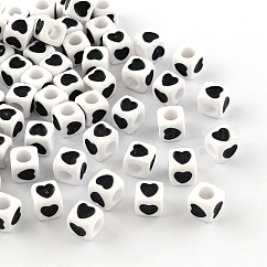 Opaque Acrylic European Beads, Large Hole Cube Beads, with Heart Pattern, Black, 7x7x7mm, Hole: 4mm, about 2300pcs/500g