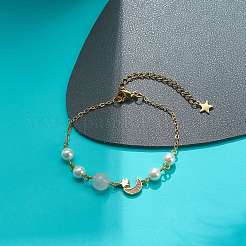 Clear Cubic Zirconia Moon and Star Link Bracelet with Brass Chains&nbsp;BJEW-JB08789