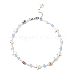 Summer Natural Dyed Aquamarine & Round White Jade & Natural Sea Shell & Shell Pearl Beaded Necklaces&nbsp;NJEW-JN05269