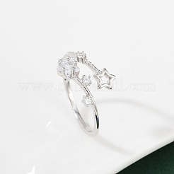 Star Sterling Silver Cubic Zirconia Adjustable Open Cuff Rings for Women&nbsp;RJEW-B128-04