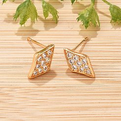 Rhombus Brass Micro Pave Clear Cubic Zirconia Stud Earrings for Women&nbsp;EJEW-G428-16G