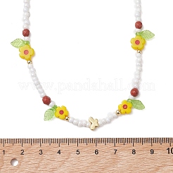 3Pcs 3 Colors Faceted Round Natural Red Jasper & Dyed White Jade & Agate & Flower Handmade Millefiori Glass & Glass Seed Beaded Necklaces for Women&nbsp;NJEW-MZ00150