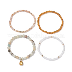 4Pcs 4 Styles 6mm Round Natural Flower Amazonite & Glass Beaded Stretch Bracelet Sets&nbsp;BJEW-JB10605