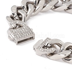 304 Stainless Steel Curb Chains Bracelet with Crystal Rhinestone Padlock Clasp for Women&nbsp;BJEW-E107-01P-02