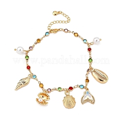 Bohemian Brass Glass Flat Round Link Chain Anklets&nbsp;LS-AJEW-Z046-09G